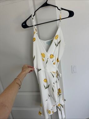 Veronica M White Wrap Mini Dress with Yellow Floral Tulips